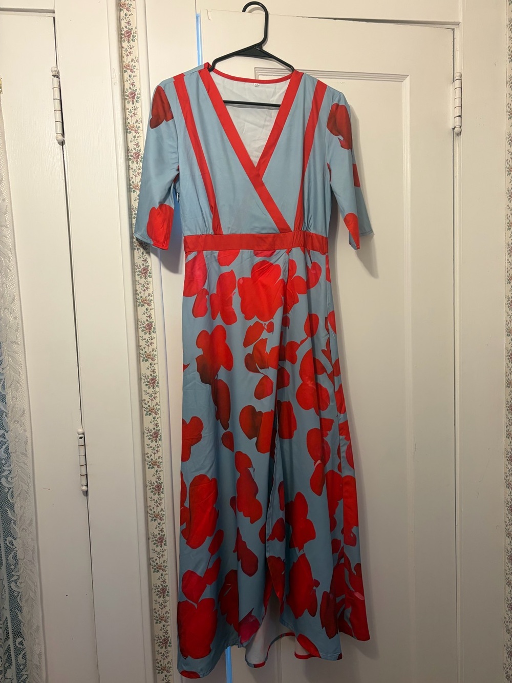 Women's Red Floral Wrap Maxi Dress - Blue Background
